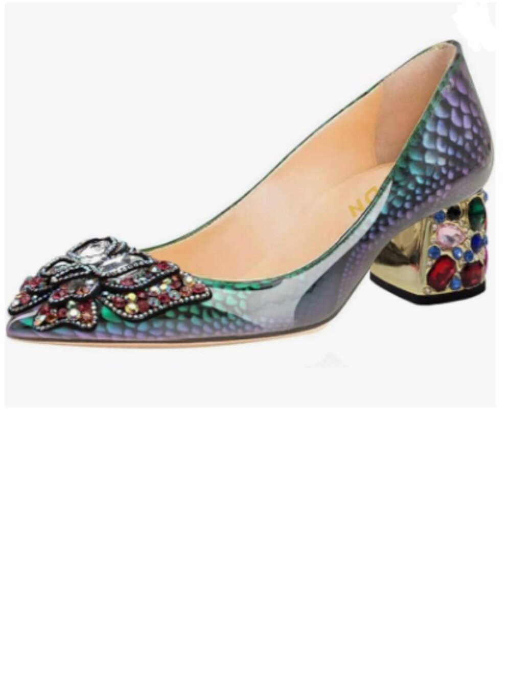 YDN Snake Print Pointed Toe Bow Pumps Colorful Butterfly Block Low Heel Shoes